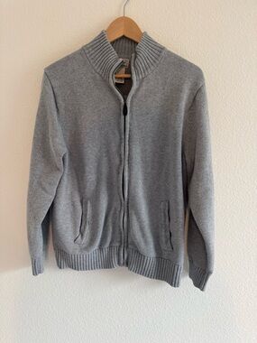 L.L Bean Mens M Full Zip Ribbed Cardigan Sweater Gray Mock Neck Pockets Cotton